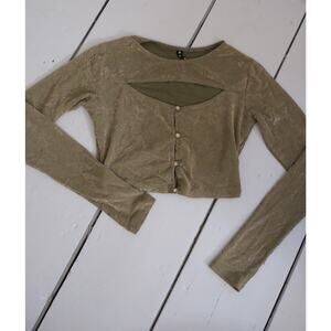 Urban Outfitters MOTEL Green Abstract Long Sleeve Cut Out Crop Blouse Top Sz XS